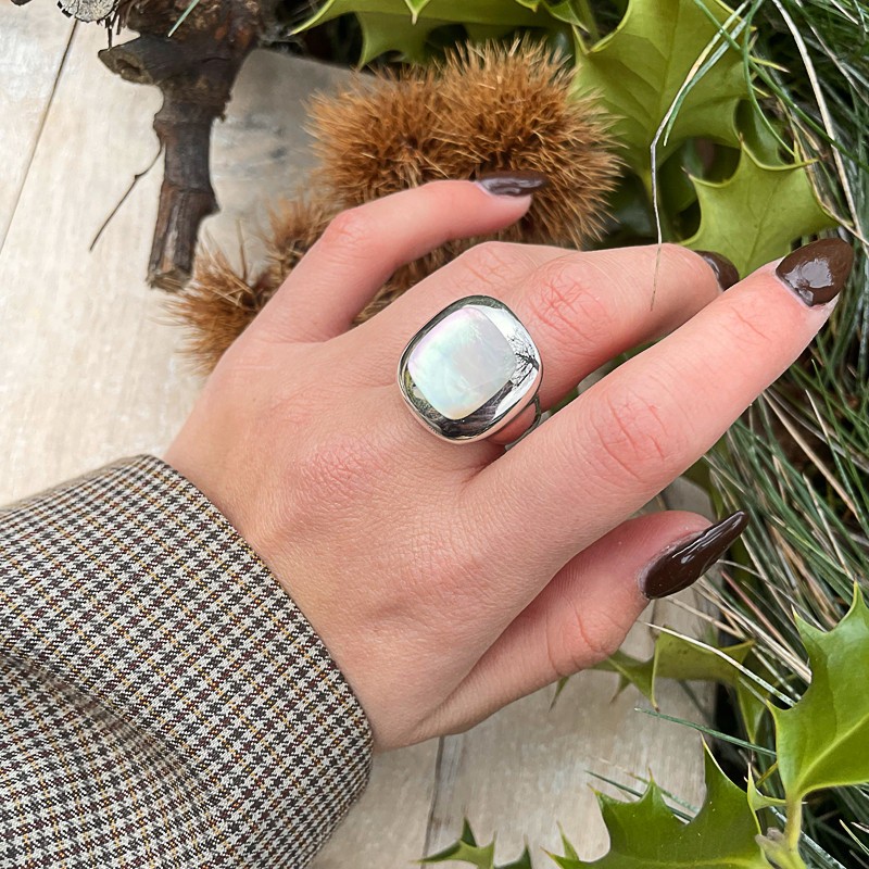 Bague En Argent Sterling Avec Nacre - Taille 60 - Occasion - Pierre Abalone