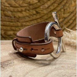 Bracelet Manchette Argent - Lanière cuir Camel & Mors équins