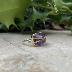 Bague argent doré BALMA rectangle - Améthyste & fils dorés TAILLE 54