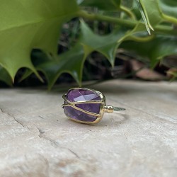 Bague argent doré BALMA rectangle - Améthyste & fils dorés TAILLE 54
