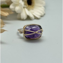 Bague argent doré BALMA rectangle - Améthyste & fils dorés TAILLE 54