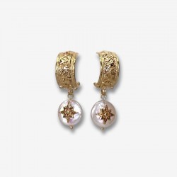 Boucles d'oreilles STAR dorées - Anneau antique & Nacre étoile zircon - CHORANGE