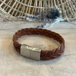 Bracelet jonc large homme - Cuir tressé plat camel & boucle métal TAILLE L