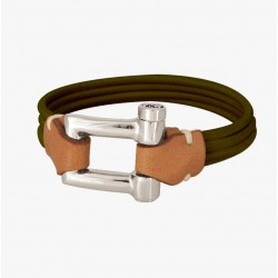 Bracelet Jonc CABLE vert & Manille Cuir Argent design CXC