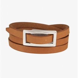 Bracelet Manchette multitours ENVUELVE cuir camel & Boucle rectangle argent CXC