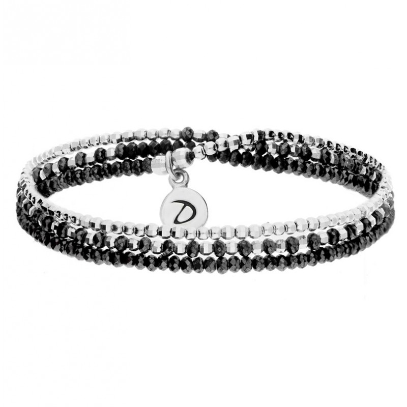 Bracelet élastiqué Triple Tours Argent HEAVEN - Perles facettées & Perles noires signé DORIANE