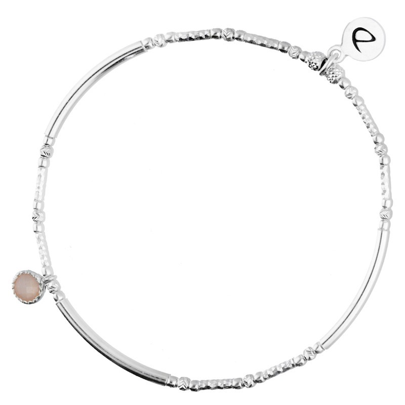 Bracelet élastique PEARL Argent - Tubes lisses diamantés & Pierre de Lune signé DORIANE