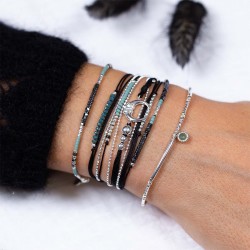 Bracelet élastique PEARL Argent - Tubes lisses diamantés & Aventurine TAILLE S