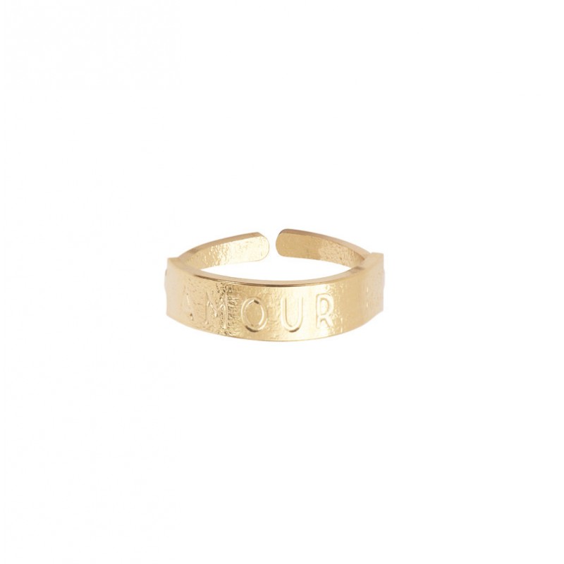 Bague fine ajustable AMOUR dorée - Anneau texturé amour signée LOVELY DAY Bague fine ajustable AMOUR dorée - Anneau texturé amour signée LOVELY DAY