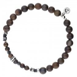Bracelet homme élastiqué BOIS d'argent - Perles marron & décors ethniques DORIANE