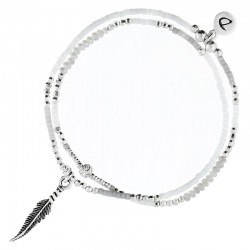 Bracelet de CHEVILLE 2 tours élastiqué SPRING argent - Perles de verre gris clair & Plume DORIANE