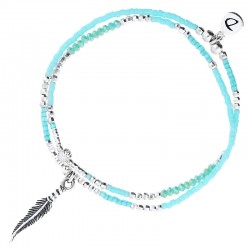 Bracelet de CHEVILLE 2 tours élastiqué SPRING argent - Perles de verre turquoise & Plume DORIANE
