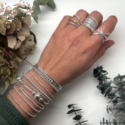Bracelet élastique DOUBLE TOURS en argent - Mini perles lisses TAILLE S