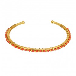 Bracelet Jonc ajustable Or - Tissage Pépites dorées & Perles corail UNE A UNE