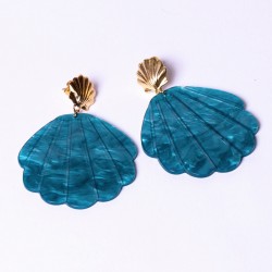 Boucles d'oreilles pendantes SIRENE doré - Coquillage acétate de cellulose turquoise signées ARGELOUSE
