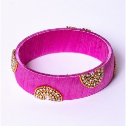Bracelet Jonc TIKA RAINBOW Strass Doré - Tissé fil de soie couleur rose signé ARGELOUSE