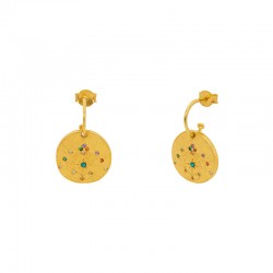 Boucles d'oreilles Créoles MOON doré - Médaille ronde & Cristaux multicolores signées Une à Une