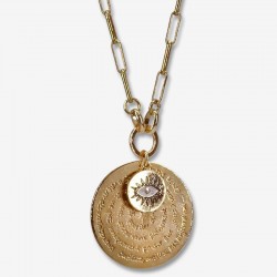 Collier sautoir chaîne SPAR doré - Médaille texturée ethnique & Œil zircon CHORANGE