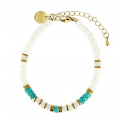Bracelet IBIZA BEACH doré & Heishi blanches - Hématites dorées - Turquoises - Jades blancs Belle Mais Pas Que