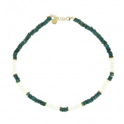 Collier ras de cou IBIZA BEACH doré - Heishis blanc & Nacres bleu verte Belle Mais Pas Que