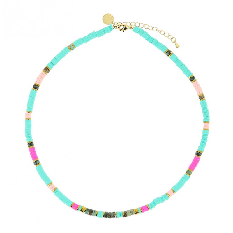 Collier IBIZA BEACH doré - Heishis fuchsia turquoise rose hématites & Turquoises africaines Belle Mais Pas Que Collier IBIZA BEACH doré - Heishis fuchsia turquoise rose hématites & Turquoises africaines Belle Mais Pas Que
