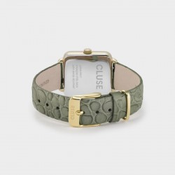 Montre Tétragone alligator or, cadran carré blanc & bracelet cuir vert