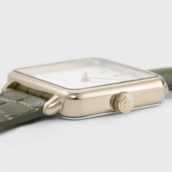 Montre Tétragone alligator or, cadran carré blanc & bracelet cuir vert