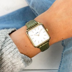 Montre Tétragone alligator or, cadran carré blanc & bracelet cuir vert