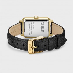 Montre Fluette, couleur or et noir, cadran rectangle & bracelet cuir