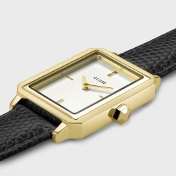 Montre Fluette, couleur or et noir, cadran rectangle & bracelet cuir