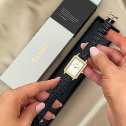 Montre Fluette, couleur or et noir, cadran rectangle & bracelet cuir