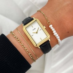 Montre Fluette, couleur or et noir, cadran rectangle & bracelet cuir