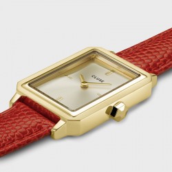 Montre Fluette, couleur or et corail, cadran rectangle & bracelet cuir