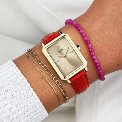 Montre Fluette, couleur or et corail, cadran rectangle & bracelet cuir