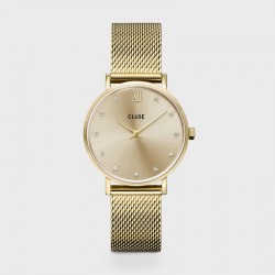 Montre Minuit Mesh Crystals, Full Gold - Bracelet milanais & Cadran rond or - Montre CLUSE