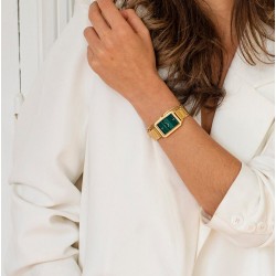 Montre Fluette, couleur or, cadran rectangle vert & bracelet oyster