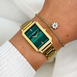 Montre Fluette, couleur or, cadran rectangle vert & bracelet oyster