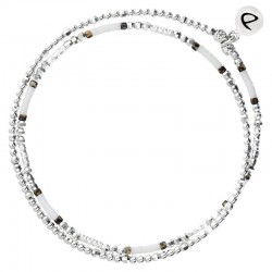 Bracelet élastiqué double tours BIRDY Argent - Perles blanches & léopard signé DORIANE Bijoux