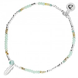 Bracelet fin élastiqué TRIPOLI Plume argent - Perles & Miyuki vert d'eau léopard signé DORIANE Bijoux
