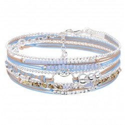 Bracelet TRIPLE TOURS ANNEAU argent - Cordons bleus beiges & Perles bleu léopard 6 signé DORIANE Bijoux