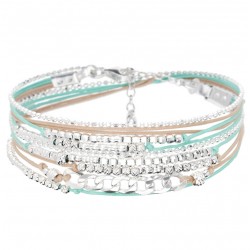 Bracelet TRIPLE TOURS OKLAHOMA argent - Cordons perles beige vert d'eau & Chaîne signé DORIANE Bijoux