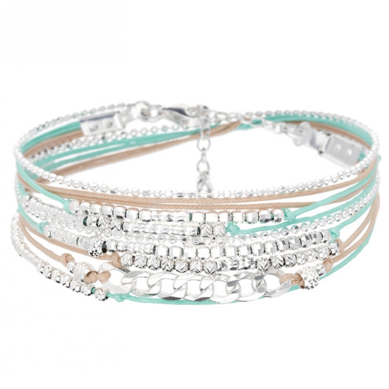 Bracelet TRIPLE TOURS OKLAHOMA argent - Cordons perles beige vert d'eau & Chaîne signé DORIANE Bijoux