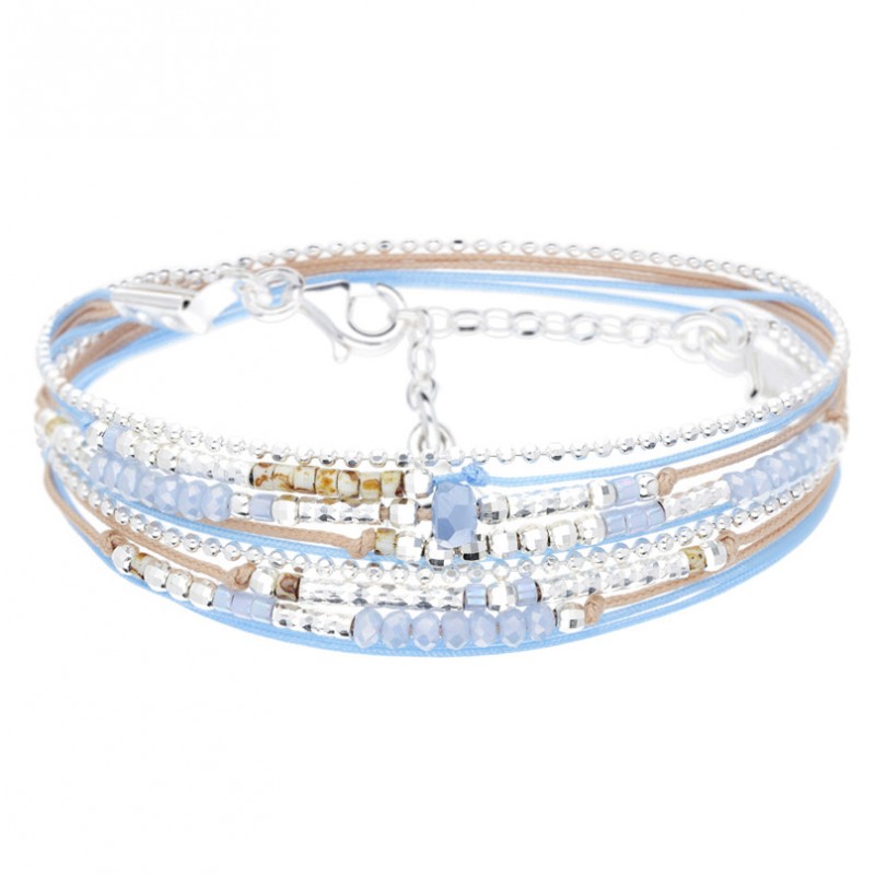 Bracelet ATLANTA Argent - Cordons & Perles beige bleu léopard signé DORIANE Bijoux