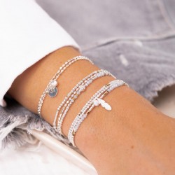 Bracelet multitours élastique CALVI Argent Chaîne & Perles gris léopard TAILLE M