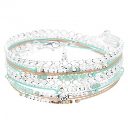 Bracelet MOOREA argent : chaîne, cordon beige, perle vert d'eau léopard - DORIANE Bijoux