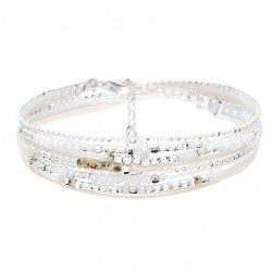 Bracelet ATLANTA DEUX TOURS Argent : cordon crème, perles blanches - DORIANE Bijoux