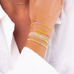 Bracelet FORMOSA 2 TOURS argent - Cordons beige & Perles jaune léopard
