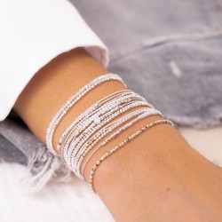 Bracelet fin élastiqué MYKONOS argent - Perles & Miyuki blanc léopard TAILLE M