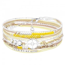 Bracelet ROSE DES VENTS TRIPLE TOURS argent : perles, cordon jaune léopard - DORIANE Bijoux