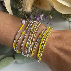 Bracelet FORMOSA 2 TOURS argent - Cordons beige & Perles jaune léopard